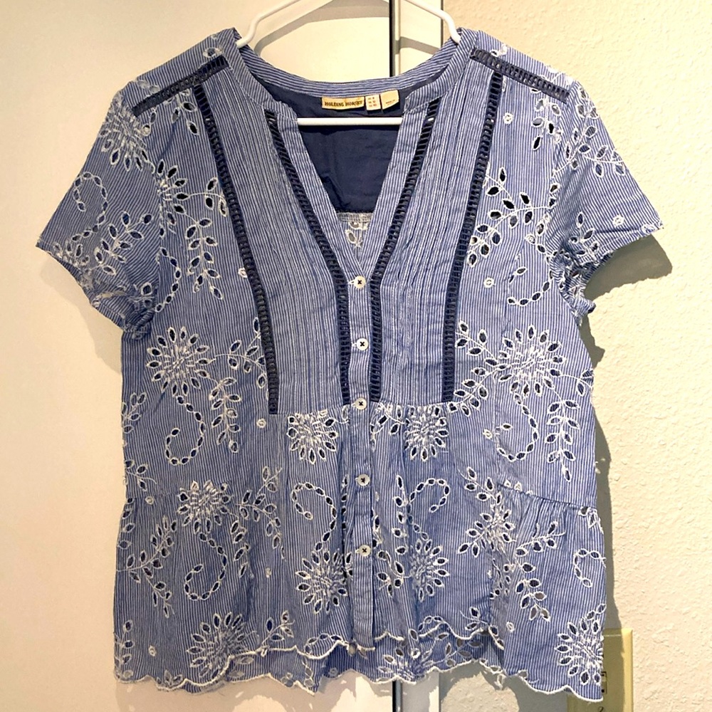 Blue eyelet short-sleeve top